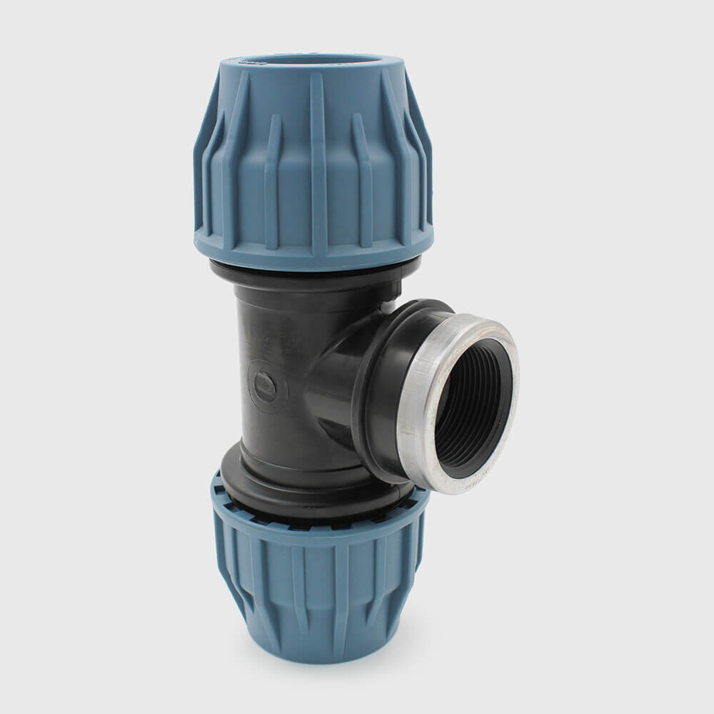 Jason T-Stück 90° PP 110 mm x 4" x 110 mm Klemm x Innengewinde x Klemm 16bar Schwarz/Blau DVGW/KIWA/WRAS/SVGW