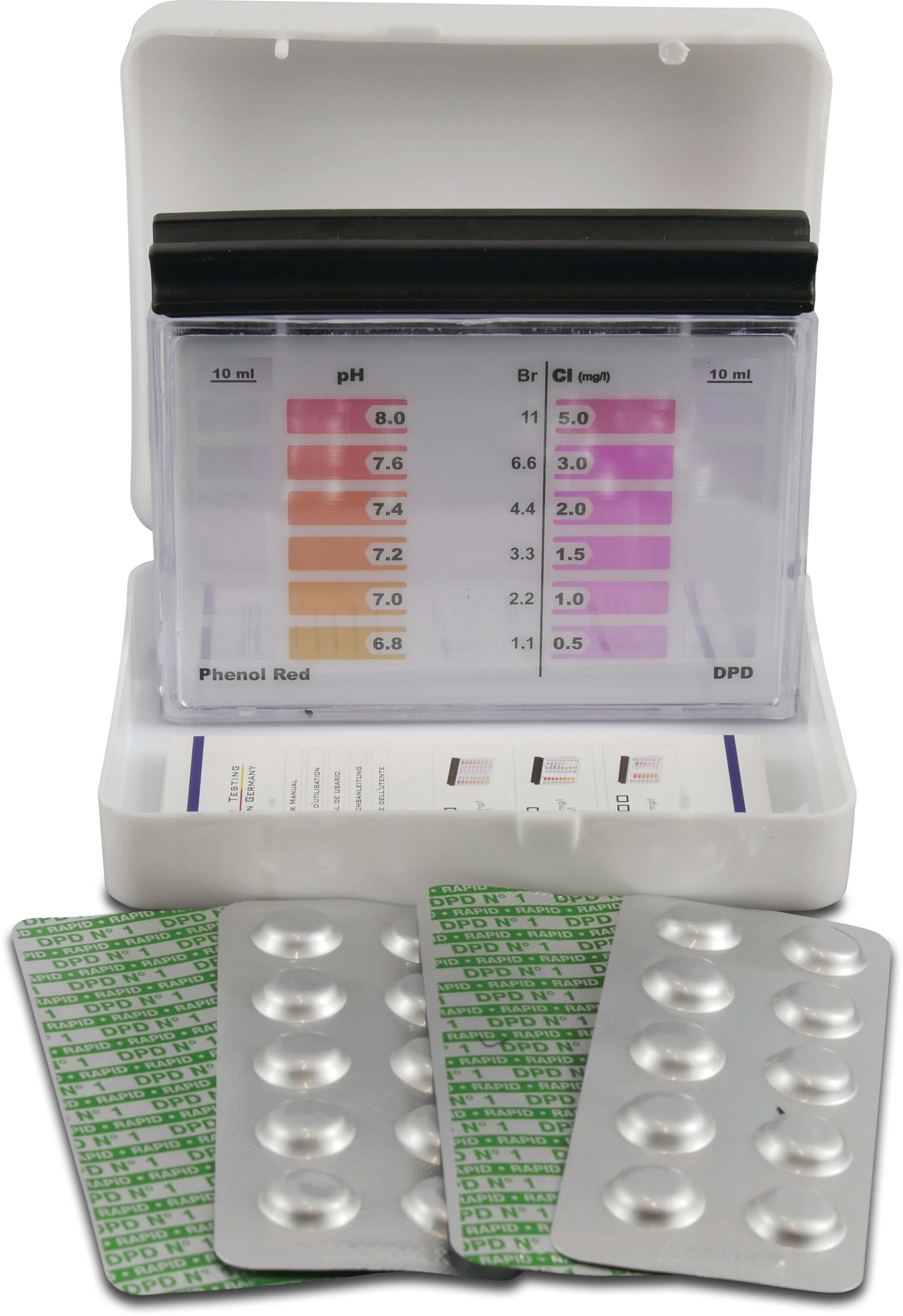 Pool-I.D. Pooltester for the measurement of pH- and Chlorine or pH- and Bromine values type 6 pH,Br &CL scale values 20/20 tablets