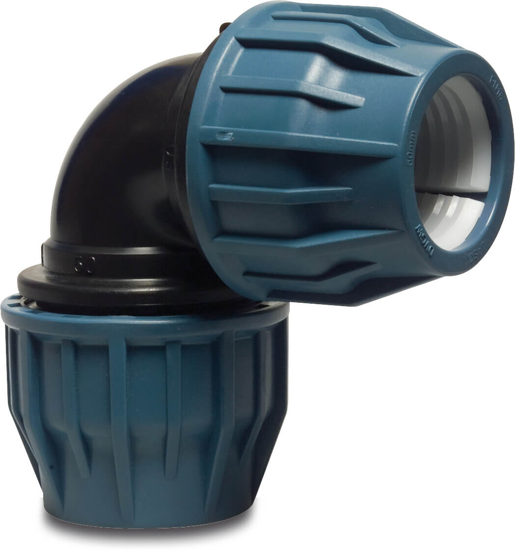 Jason Elbow 90° PP 110 mm compression 16bar black/blue DVGW/KIWA/WRAS/SVGW