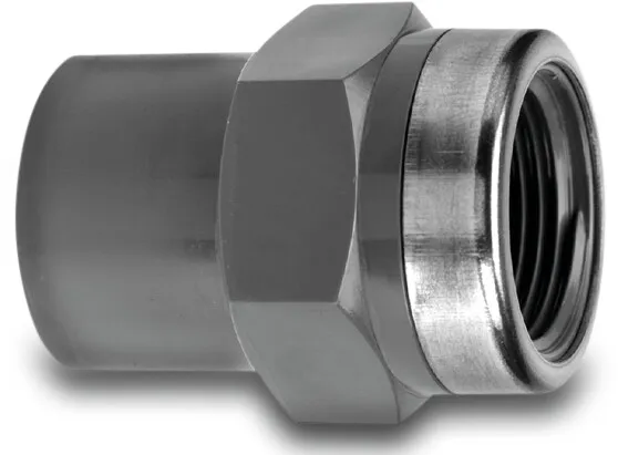 VDL Adaptor socket PVC-U 20 mm x 1/2" spigot x female thread 16bar grey with stainless steel ring type reinforced