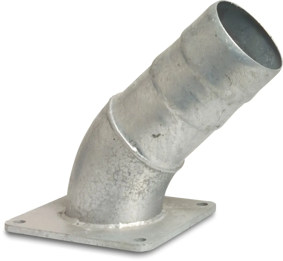 Bend 45° steel galvanised 4" x 100 mm square flange x hose tail