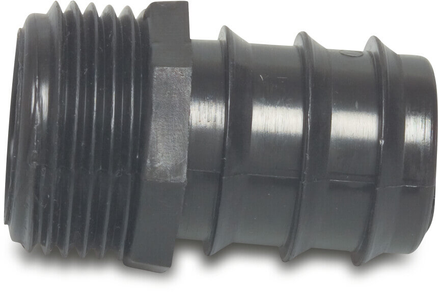 Barbed adaptor PP 1" x 25 mm male thread x barbed 4bar black