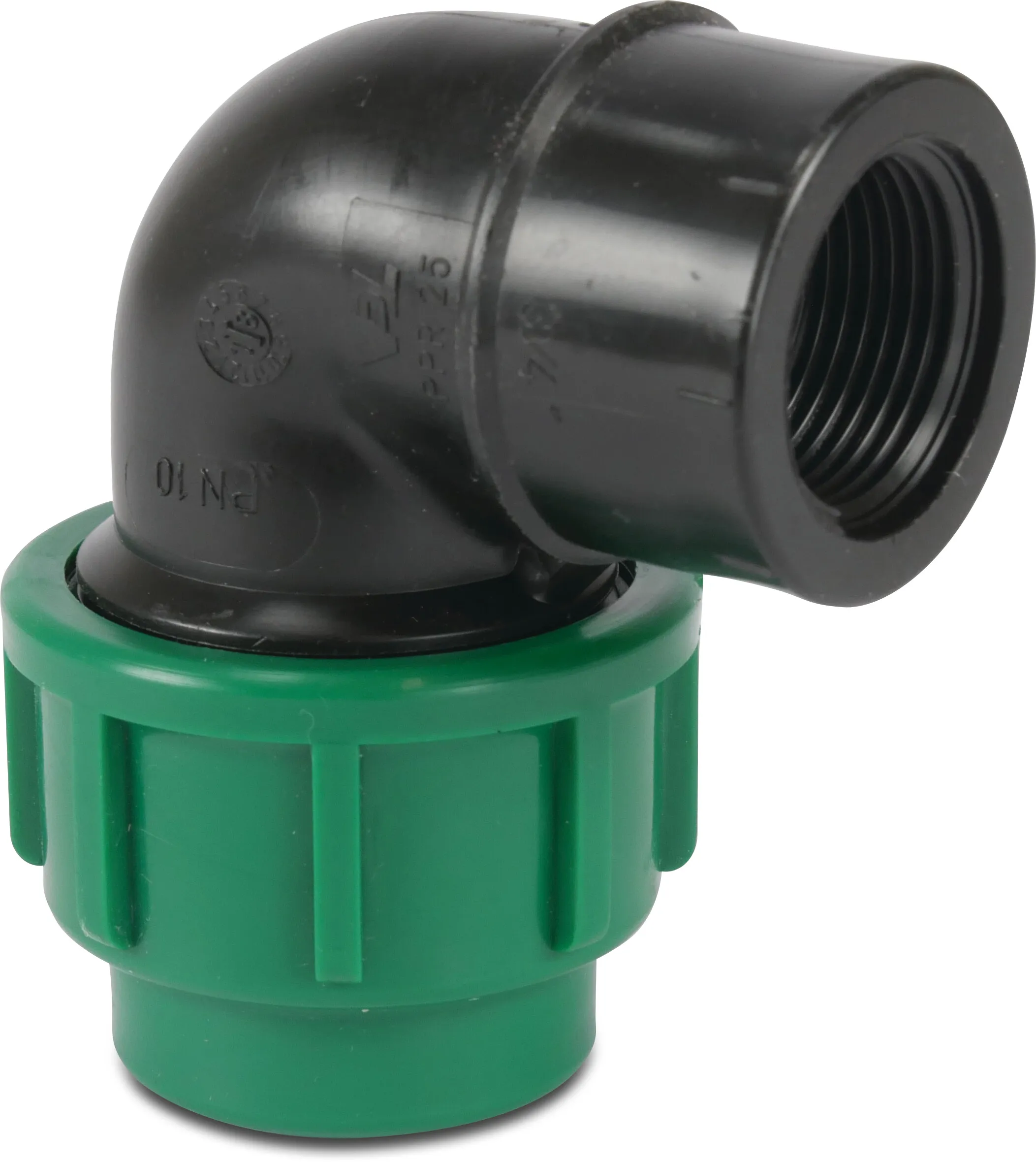 VDL Elbow 90° PP 50 mm x 1 1/2" compression x female thread 10bar black/green