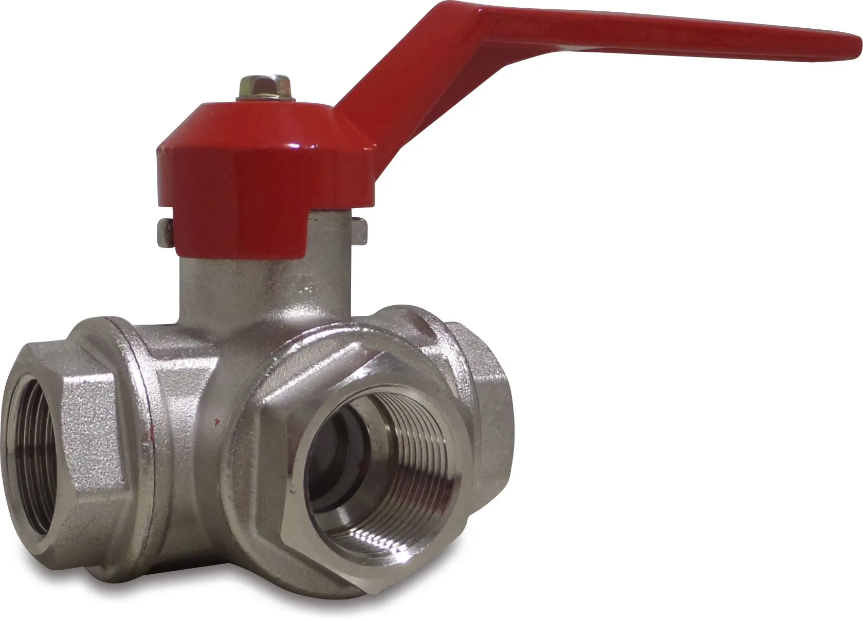 3-way ball valve T-bore brass nickel plated 1/4" female thread 16bar DN8 side connection