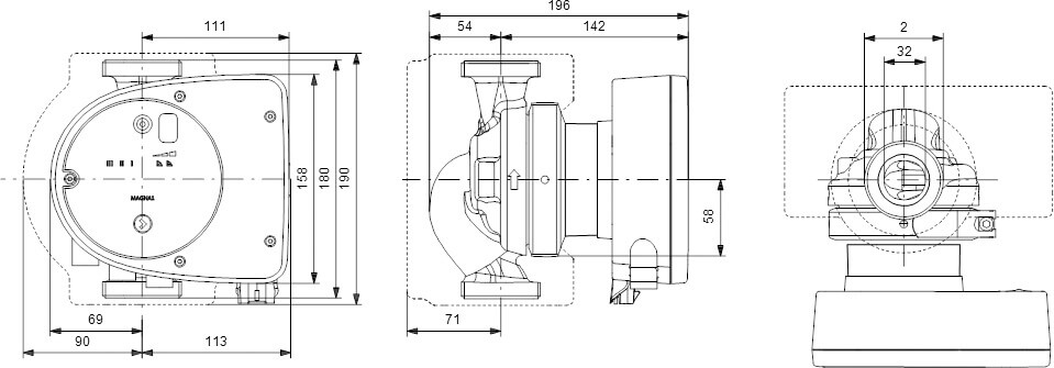 Grundfos Variable speed circulation pump cast iron 2" male thread 10bar 0.9A 230VAC black/red type MAGNA1 32-60 EuP ready