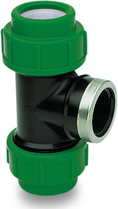 VDL T-stuk 90° PP 50 mm x 1 1/2" x 50 mm knel x binnendraad x knel 10bar zwart/groen KIWA type versterkt