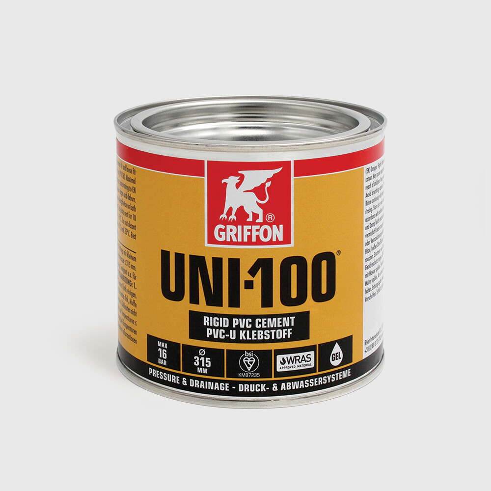 Griffon PVC glue transparent 0,5ltr with steel lid KIWA/WRAS type Uni-100 label EN/DE/NL/FR