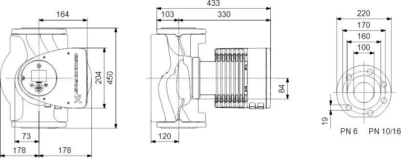Grundfos Pompe de circulation à vitesse variable fonte DN100 bride 10bar 6.97A 230VAC noir/rouge WRAS type MAGNA3 100-120F (450)