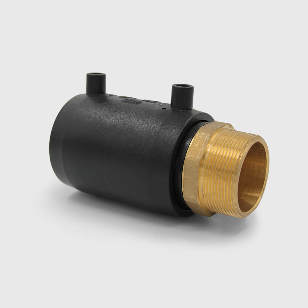 Profec Adaptor bush PE100/brass nickel plated 63 mm x 2" electrofusion socket x male thread SDR7,4 24VAC 16bar 16bar black DVGW