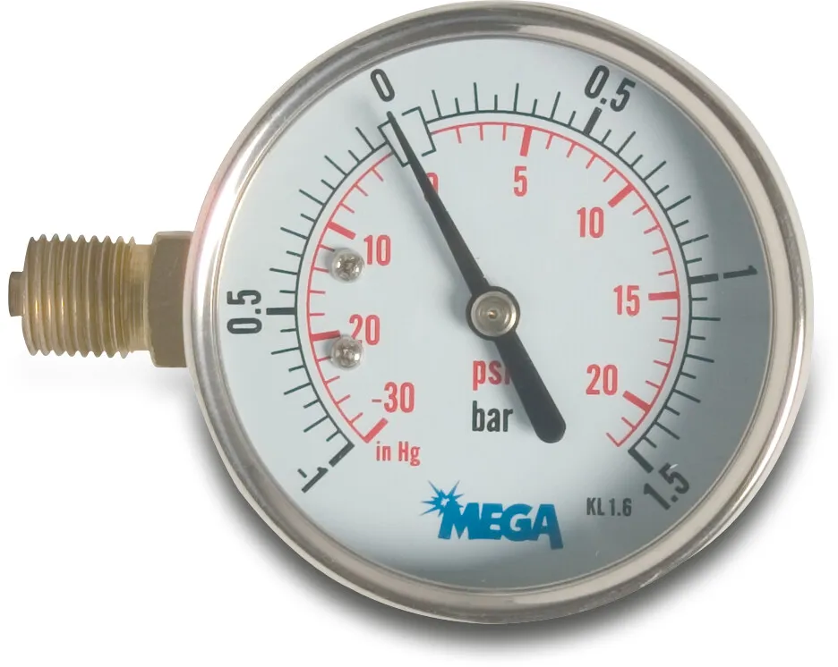 Profec Pressure gauge 63 mm male thread -1 - 1,5bar type glycerin filled side connection 1/4"