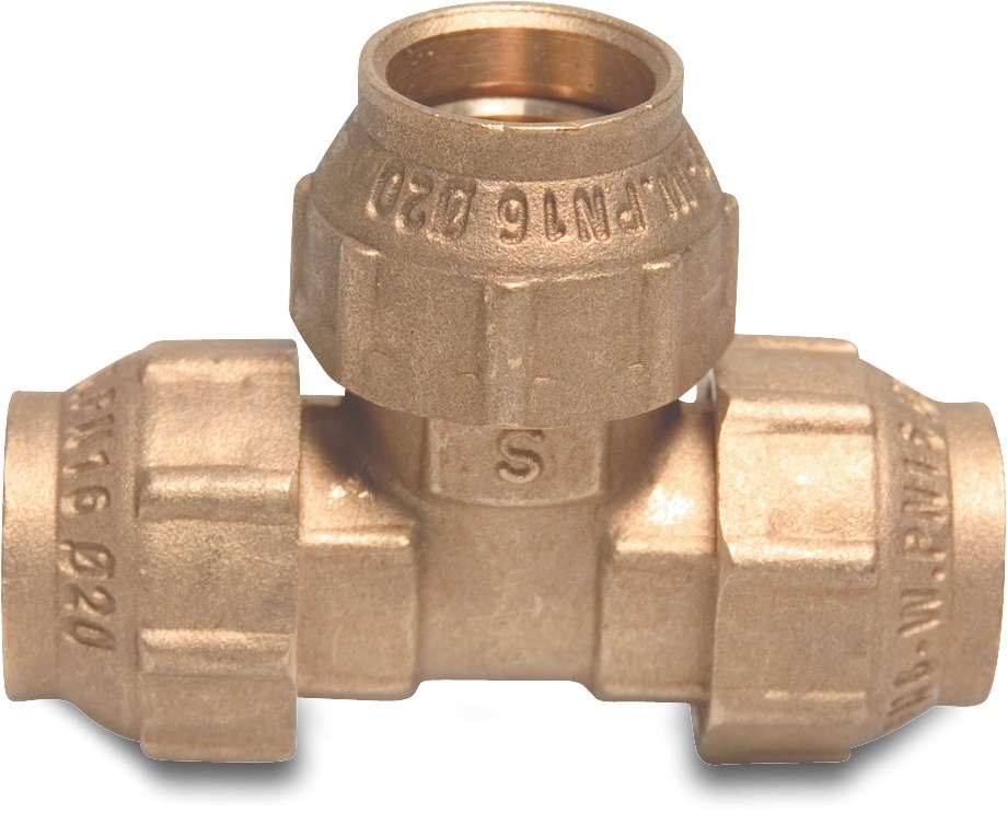 Adaptor T-piece 90° brass 20 mm compression 16bar DVGW