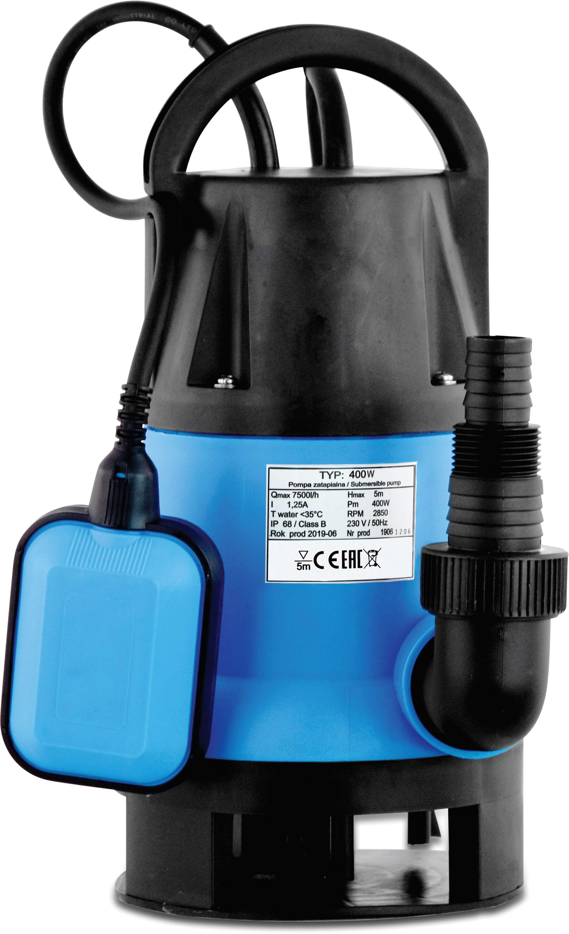 Submersible pump 3/4" x 1" x 1" hose tail x male thread x hose tail 1,25A 230VAC blue type IP 400