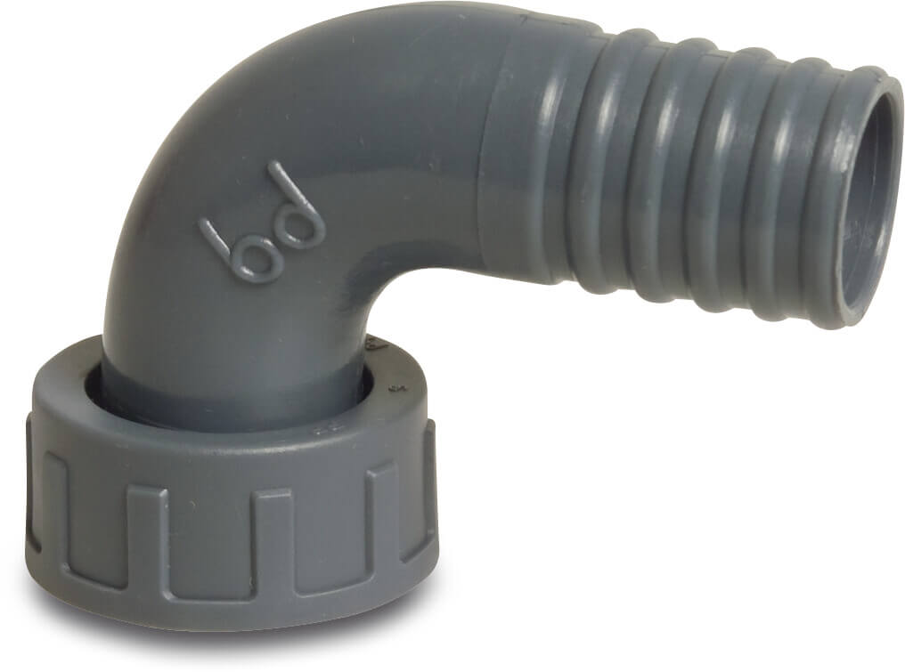 Hose tail 2/3 union adaptor elbow 90° PP 1" x 25 mm female threaded nut x hose tail 6bar grey
