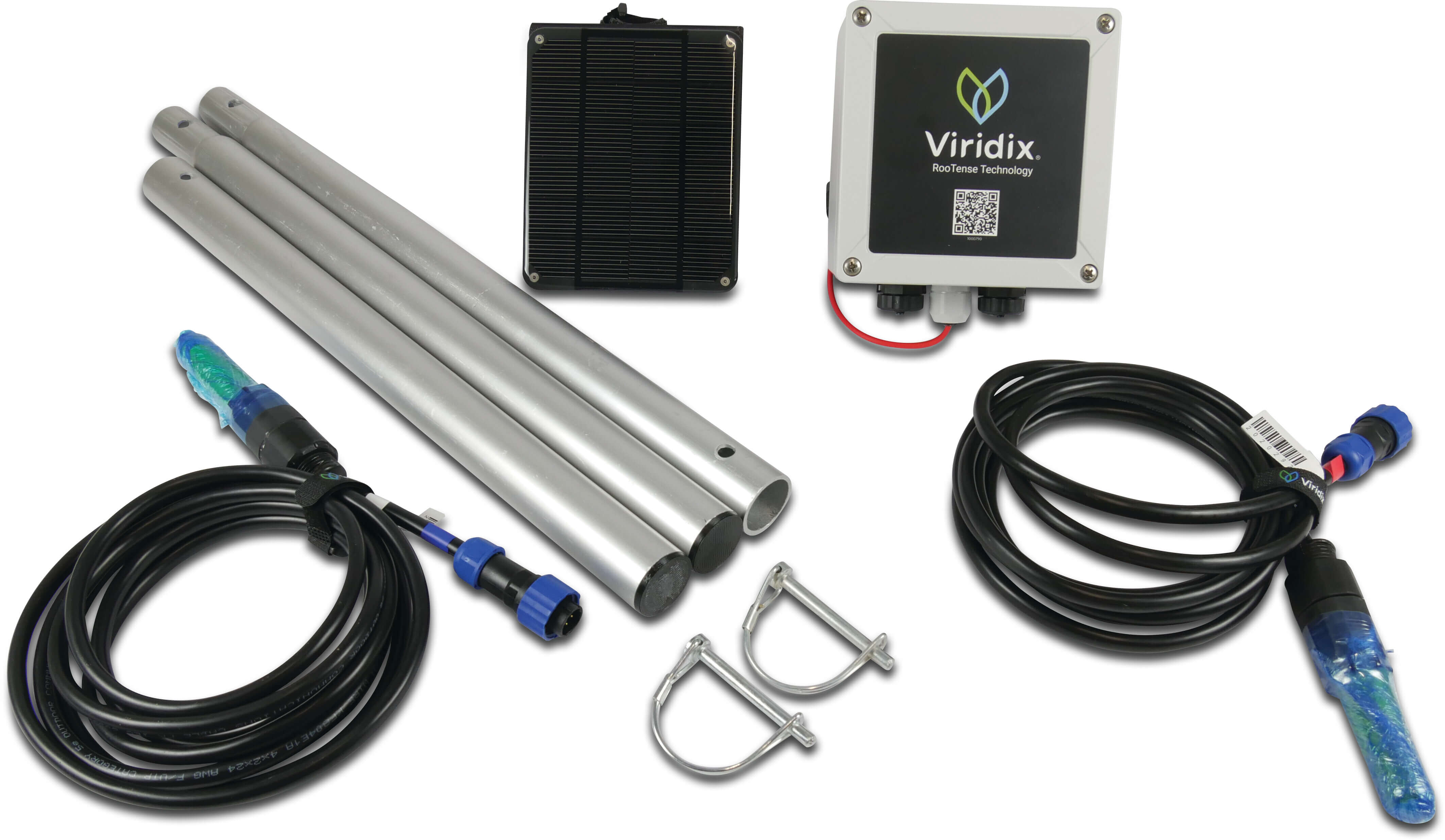 Viridix Gen2-System umfasst ein IoT-Gerät, 2 RooTense-Sensoren, ein Installationskit und ein Jahresabonnement type Rootense 2 sensoren