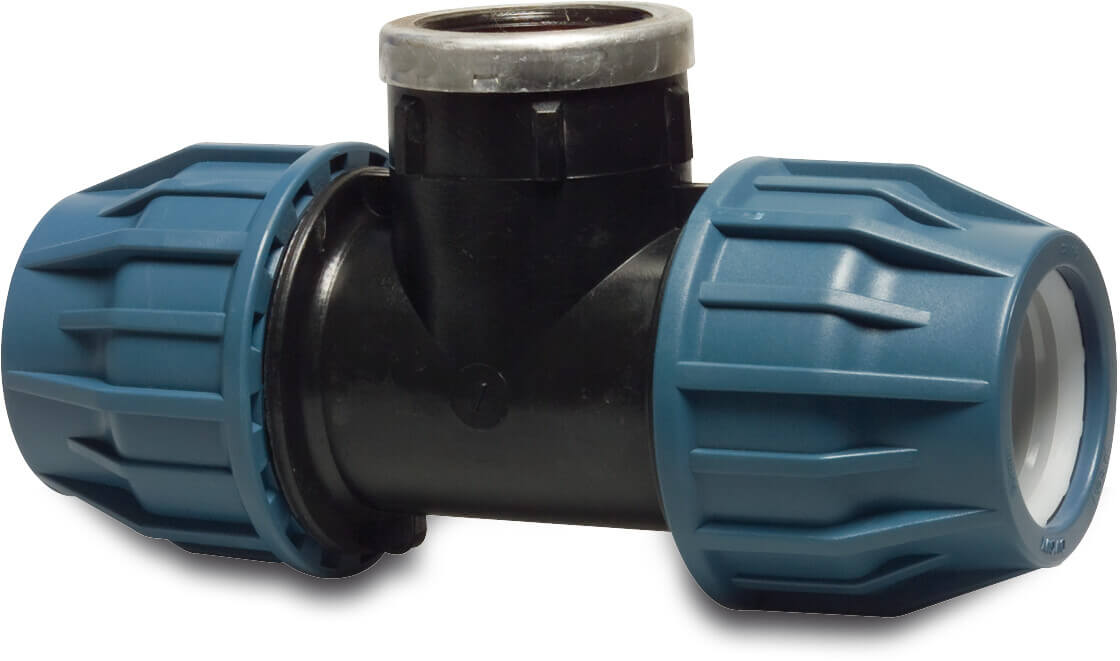 Jason Adaptor T-piece 90° PP 63 mm x 2 1/2" x 63 mm compression x female thread x compression 16bar black/blue DVGW/KIWA/WRAS/SVGW