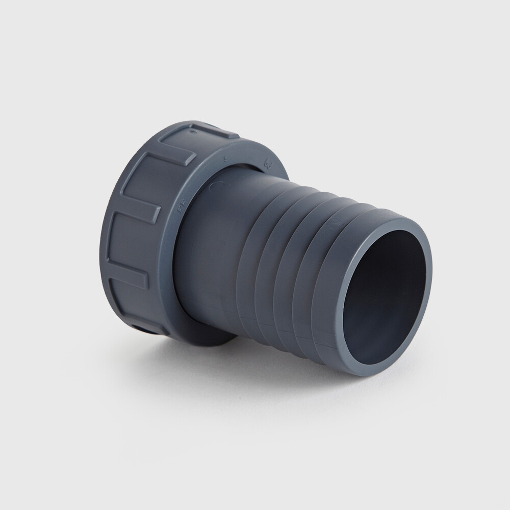 Hose tail 2/3 union adaptor PP 2" x 50 mm female threaded nut x hose tail 6bar grey
