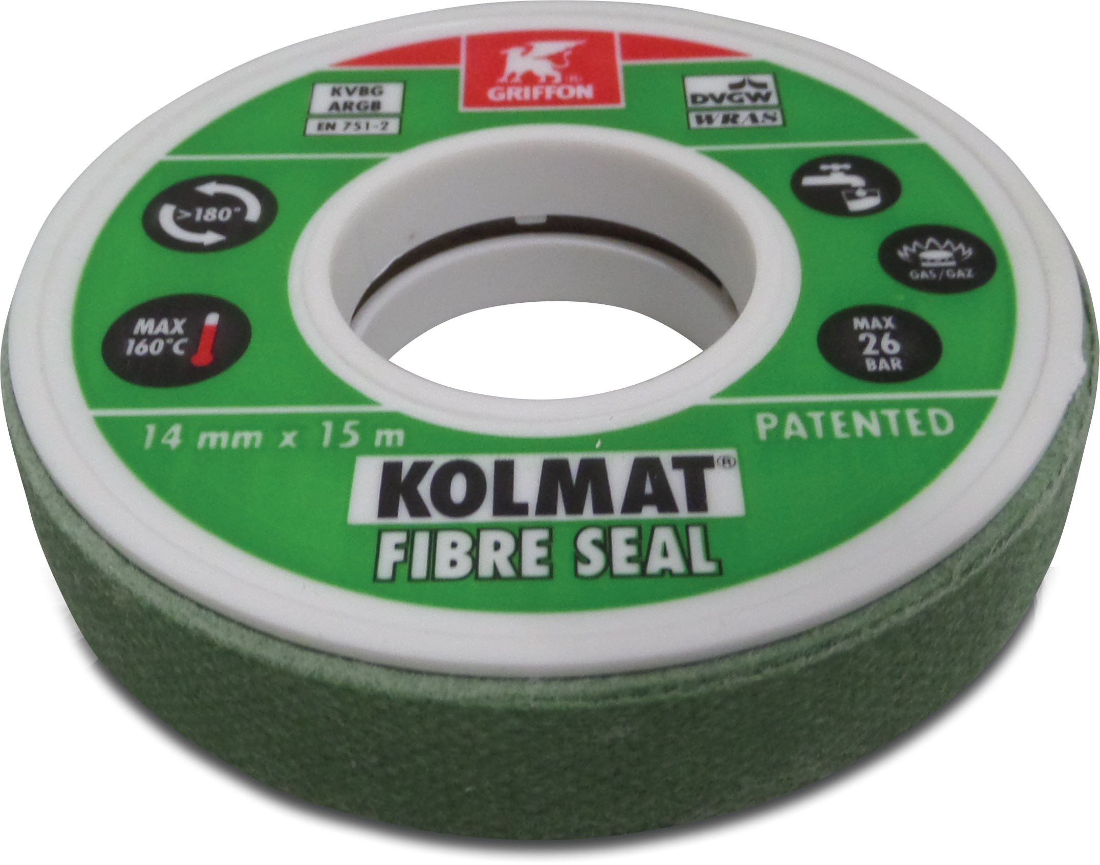 Griffon Pipe thread fibre sealant 12 mm green 15m DVGW/GASTEC/WRAS type Kolmat label NL/FR