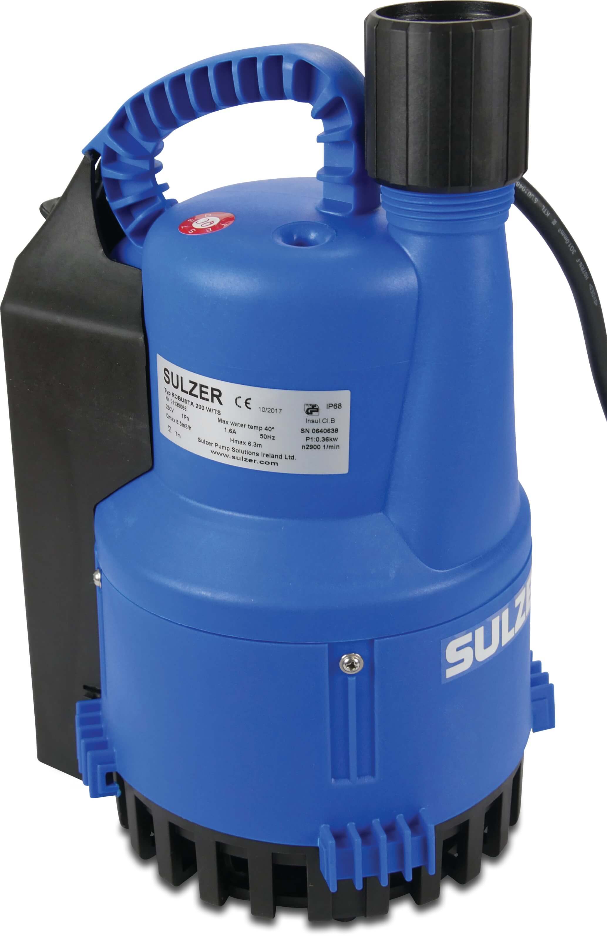 Dränkbar pump 1 1/4" invändig gänga 1,6A 230VAC svart/blå type Robusta 200TS med flytande kontakt