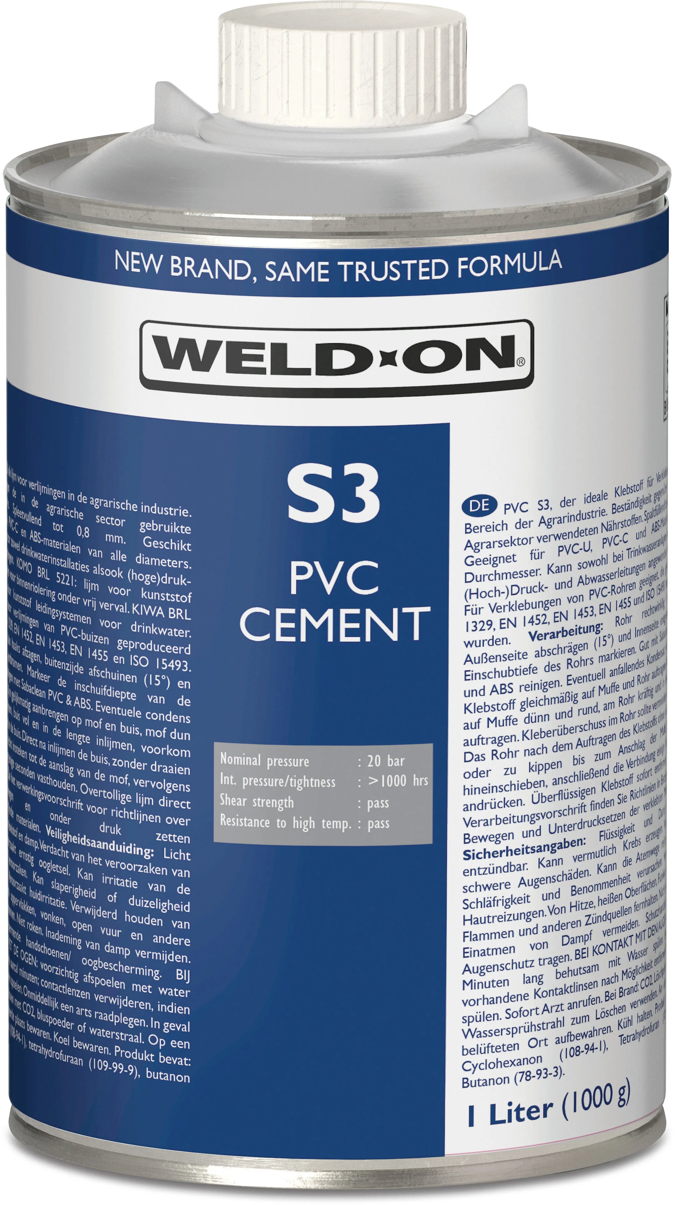 Weld-On PVC-lijm 1ltr met kwast KIWA type Saba S3 PVC label EN/DE/NL/FR