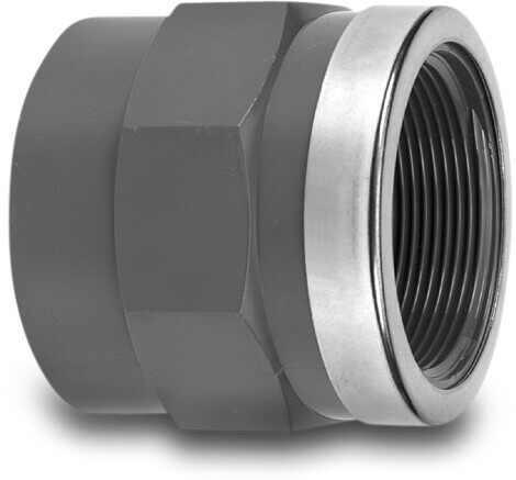 VDL Adaptor socket PVC-U 63 mm x 1 1/4" glue socket x female thread 16bar grey with stainless steel ring type reinforced