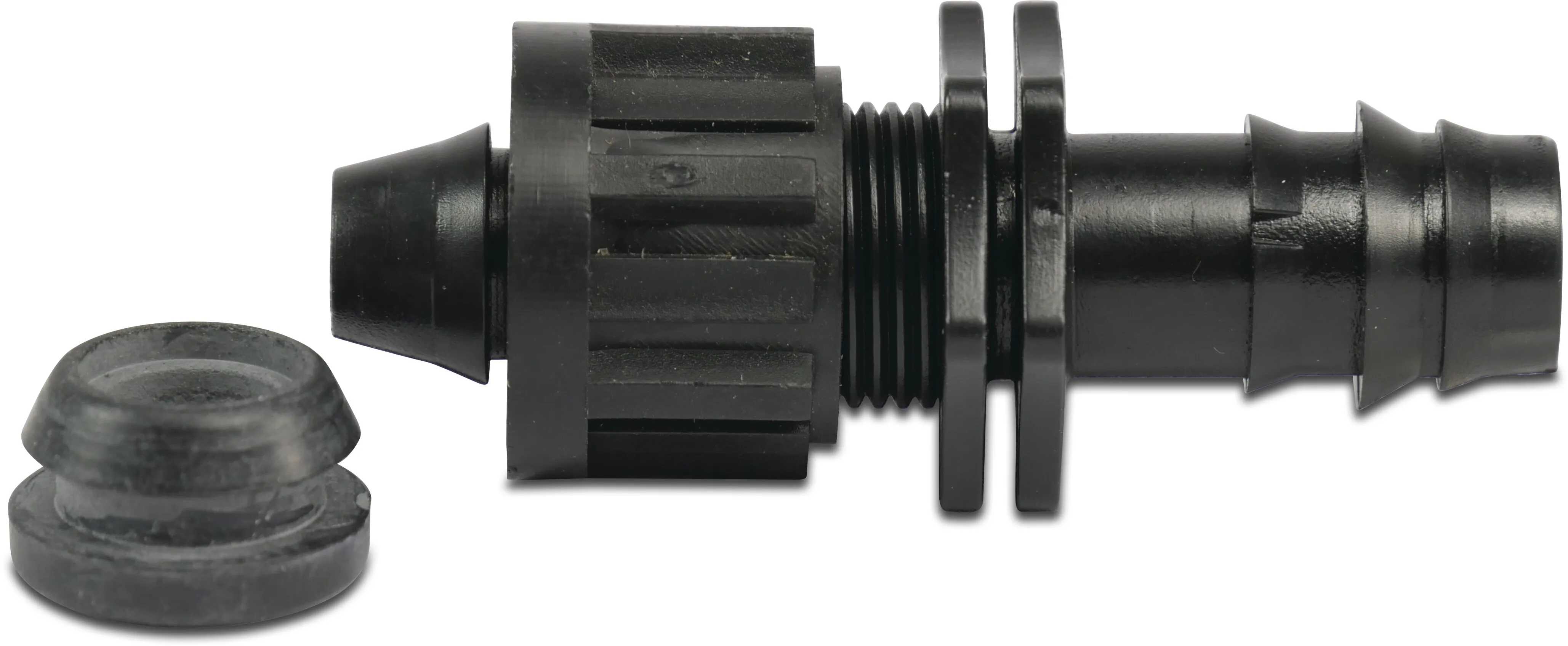 Złączka przyłączeniowa przejściowa z gumowym pierścieniem POM 8 mm x 16 mm wcisk x karbowane 4bar czarny typ regulowany