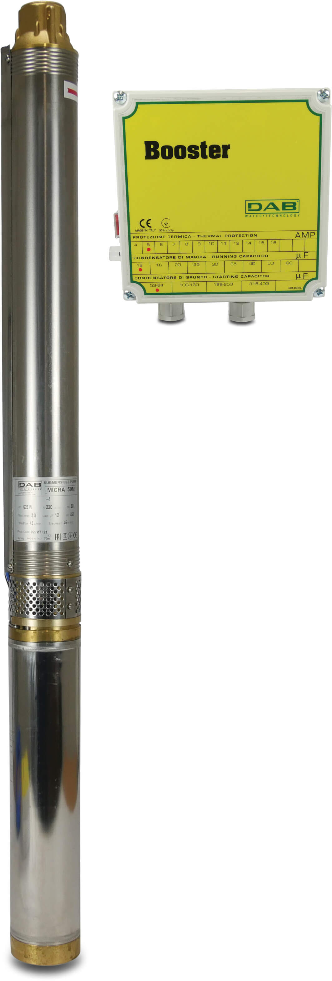 DAB Pompe de puits acier inoxydable 304 1" filetage femelle 6,1A 230VAC avec 15m cable et control box booster type Micra 100M oil cooling