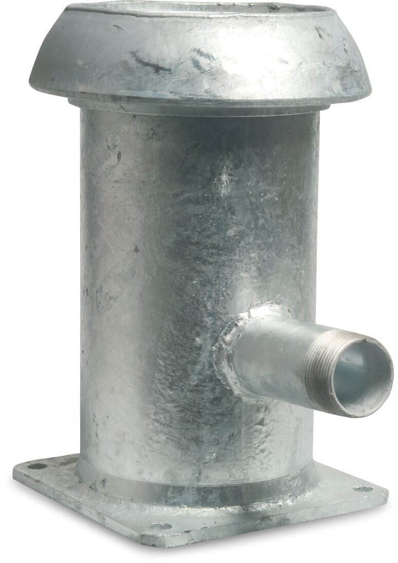 Quick coupler reducer T-piece 90° steel galvanised 159 mm x 1 1/2" x 6" male part Perrot x male thread x square flange 1 1/2" type Perrot