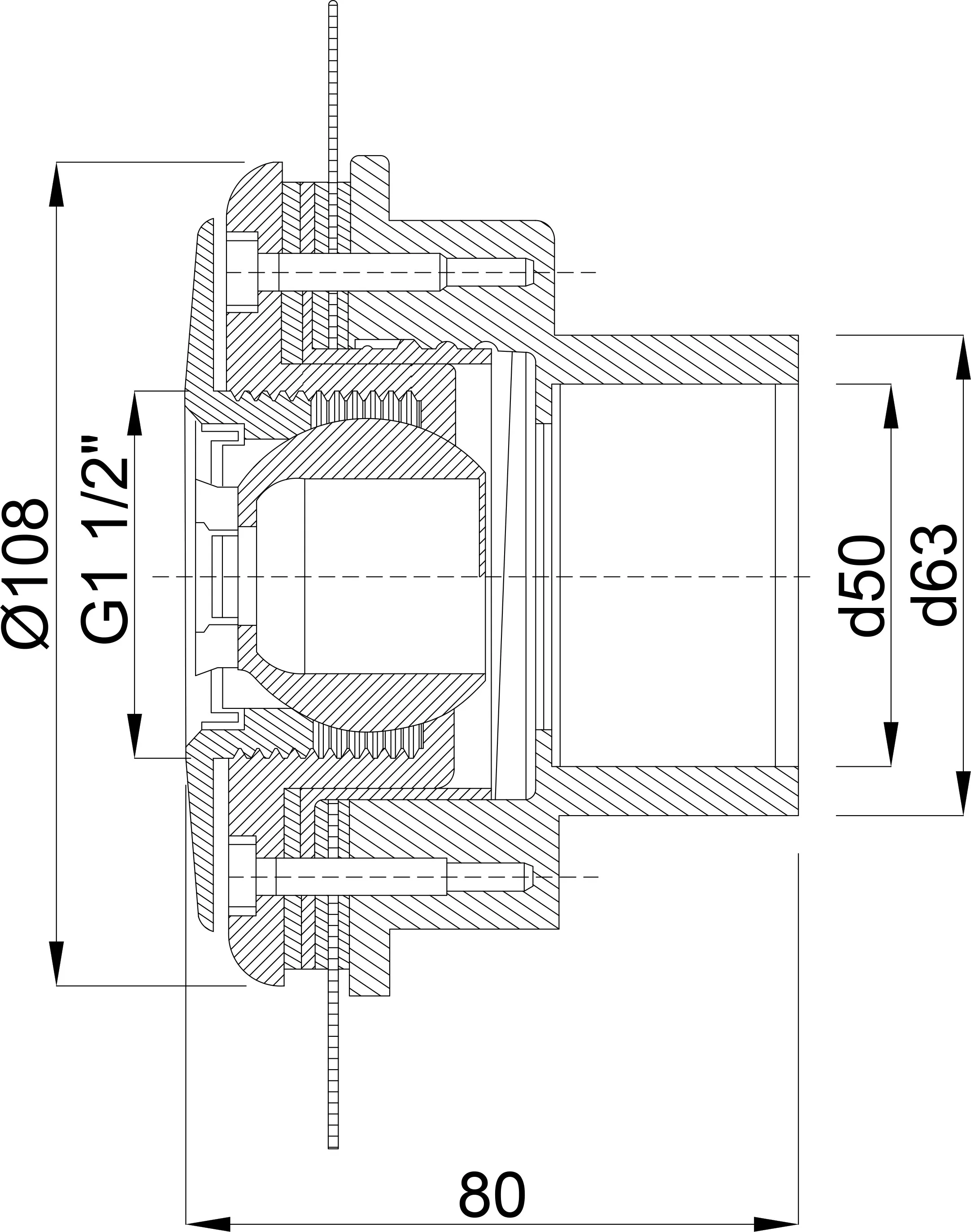 Ocean Inlet fitting ABS 2" x 50/63 mm male thread x glue socket/glue spigot white stainless steel inserts A4 type Standard with ss M5 thread
