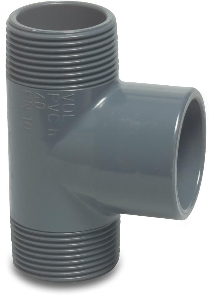 VDL T-stykke 90° PVC-U 1" x 32 mm x 1" udvendig gevind x limmuffe x udvendig gevind 10bar grå