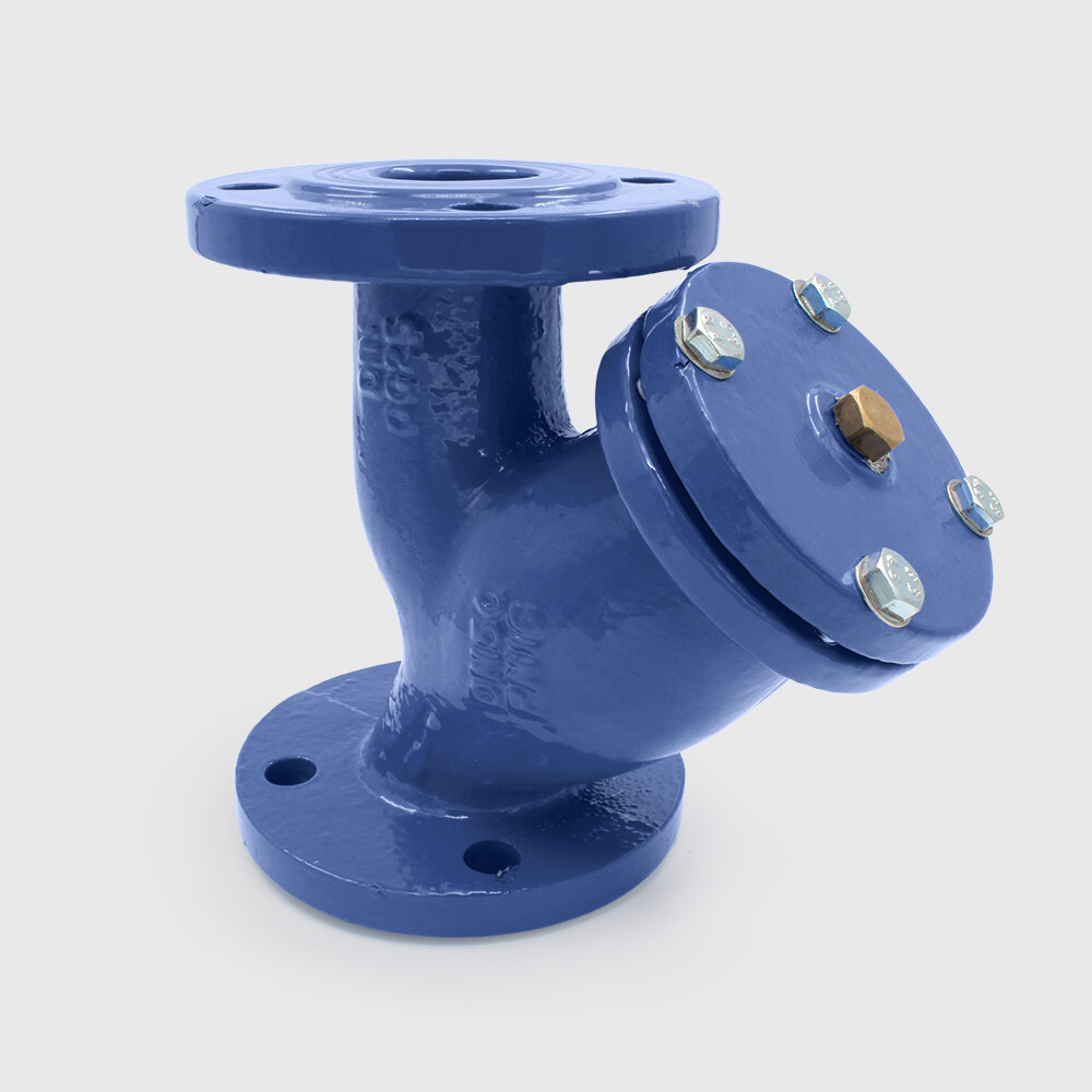Profec In-line Filter cast iron GG 25 epoxy coating DN65 DIN flange 16bar 1500micron stainless steel 304 blue PN10/16