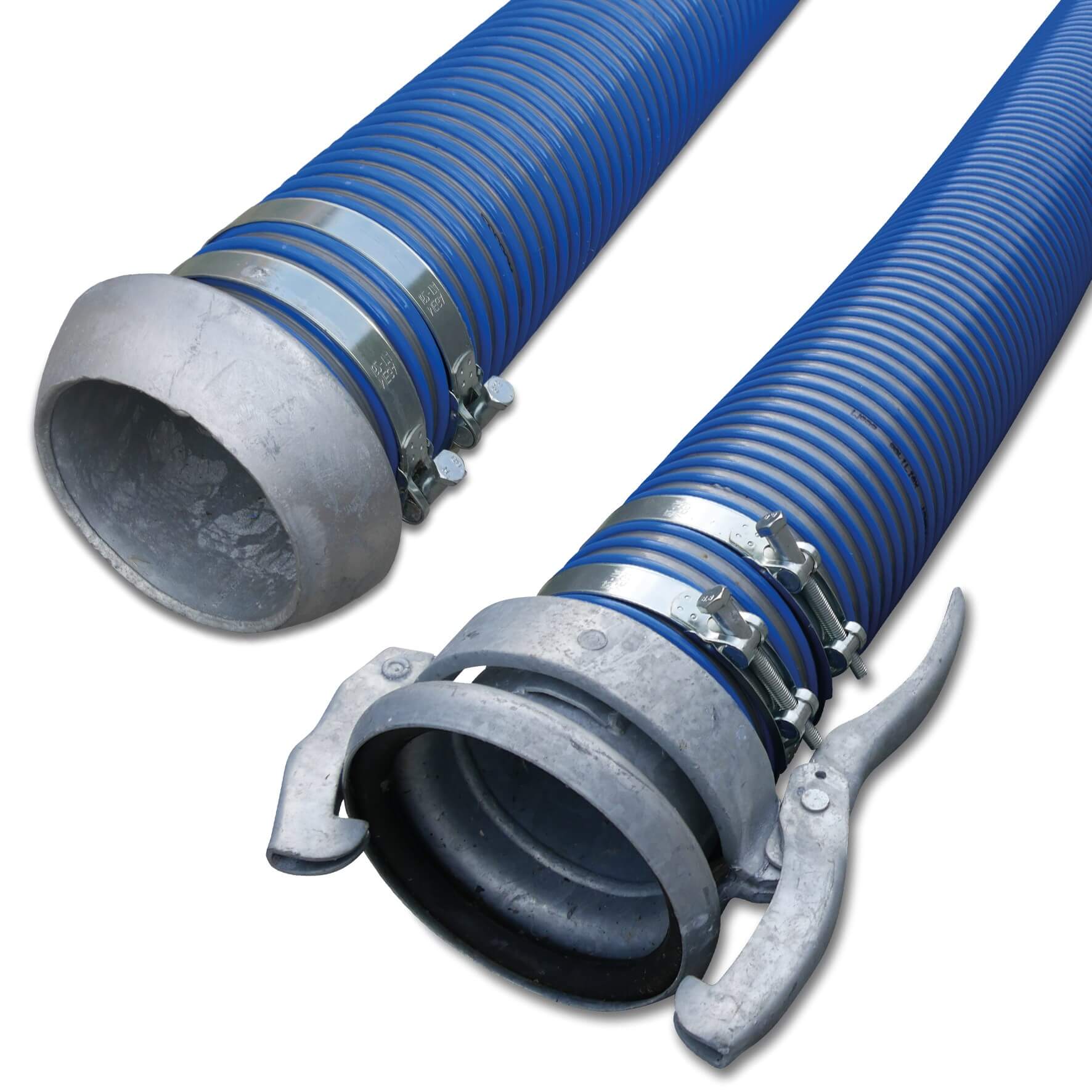 Spiralsaug- und Druckschlauch PVC 152 mm V-Teil Kardan x M-Teil Kardan 2bar Blau/Grau 4m type Agriflex