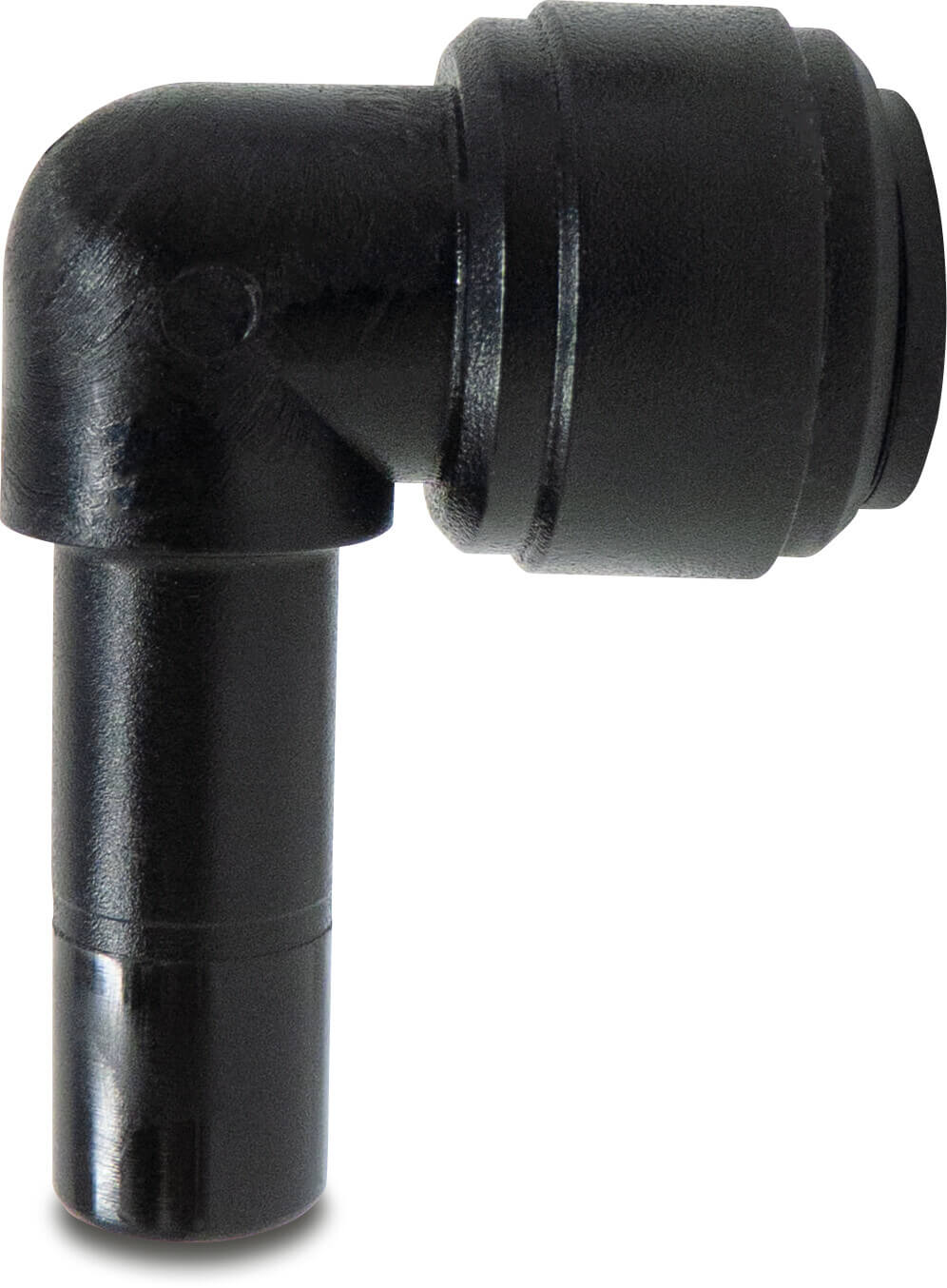 Union adaptor elbow 90° POM 10 mm x 6 mm spigot x push-in 16bar black WRAS type Aquaspeed