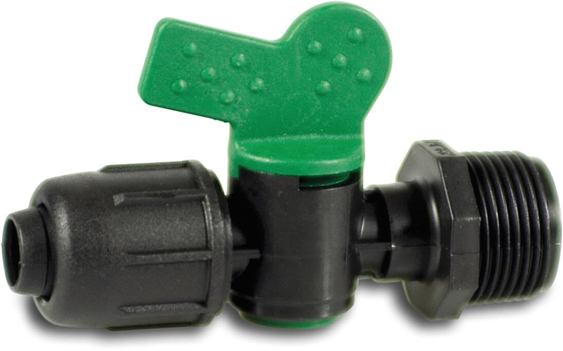 Plugkraan PP 16 mm x 1/2" lock x buitendraad 4bar zwart/groen type Quick joint