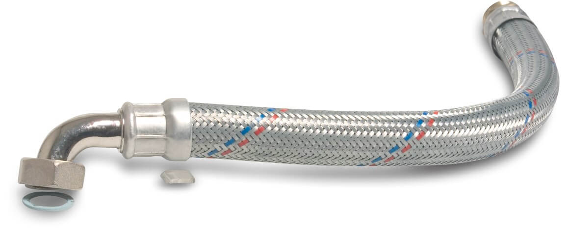 Flexibler schlauch Stahl Verzinkt 1" Außengewinde x Überwurfmutter IG 50cm rechtwinklig KTW/DVGW type Winkel
