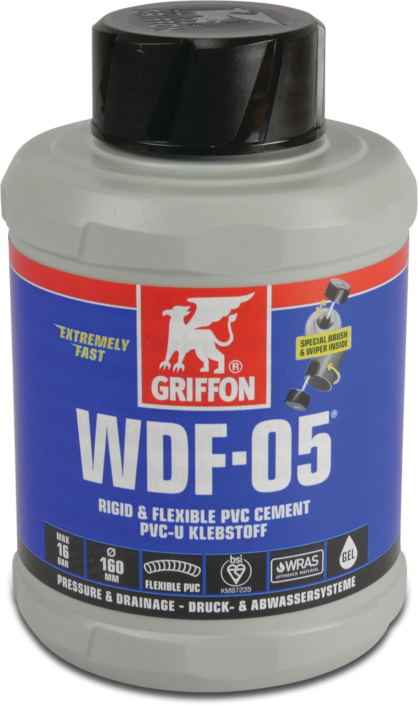 Griffon PVC glue blue 0,25ltr with brush WRAS type WDF-05 label ES/PT/IT/DK/SV/NO/FI