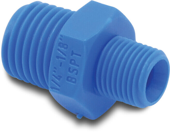 Tefen Reducing nipple PA glass fibre reinforced 1/2" x 1/4" male thread 14bar blue