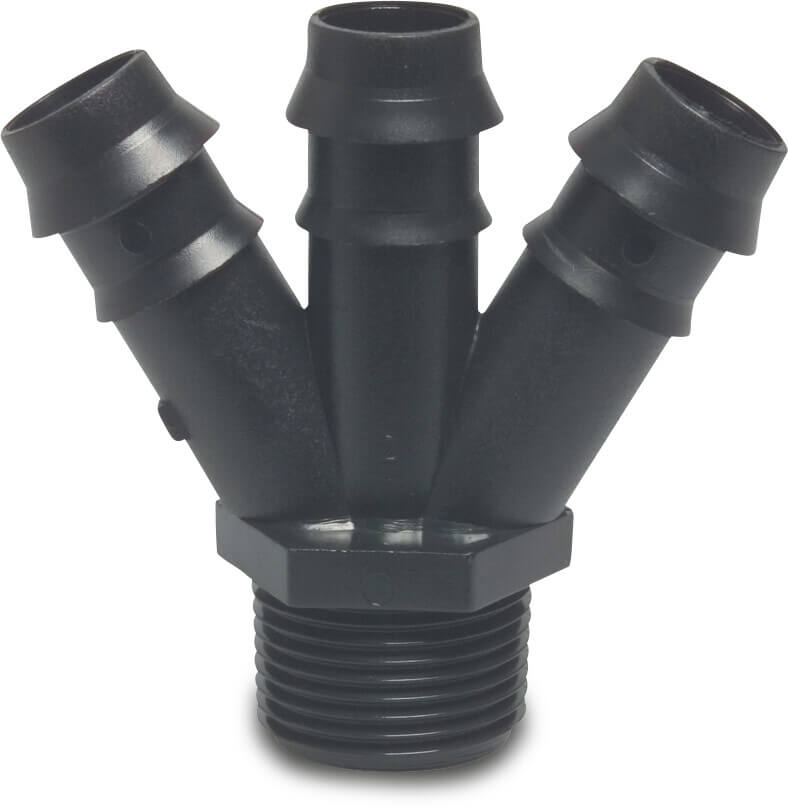 Tavlit Y-stykke PP 3/4" x 12 mm x 12 mm x 12 mm udvendig gevind x modhage x modhage x modhage 4bar sort