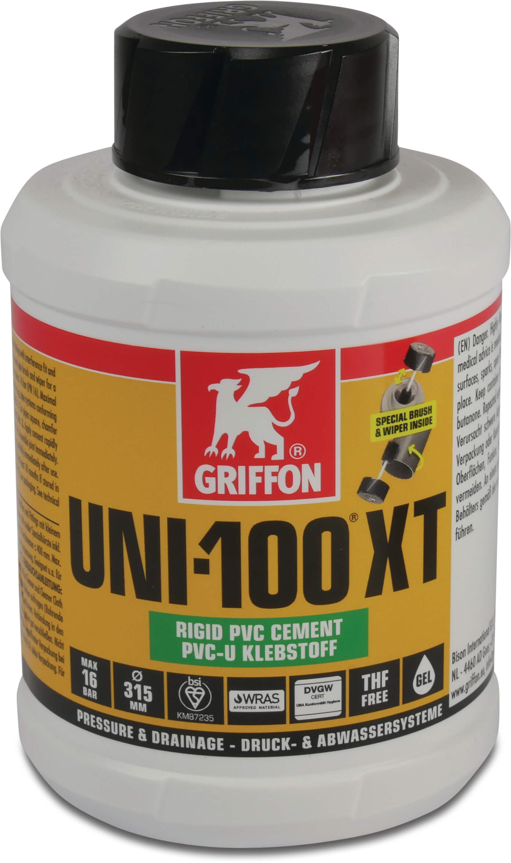 Griffon PVC glue transparent 0,25ltr with brush KIWA type Uni-100 XT THF free label NL/FR