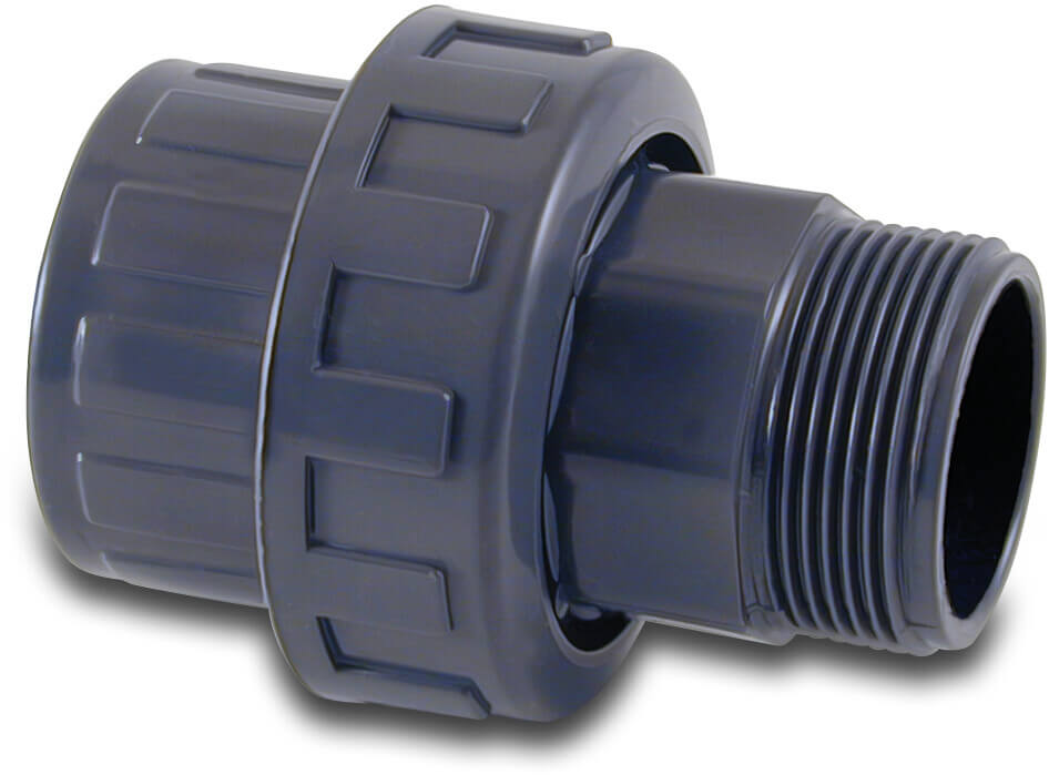 Union coupler PVC-U 63 mm x 2" glue socket x male thread 10bar grey