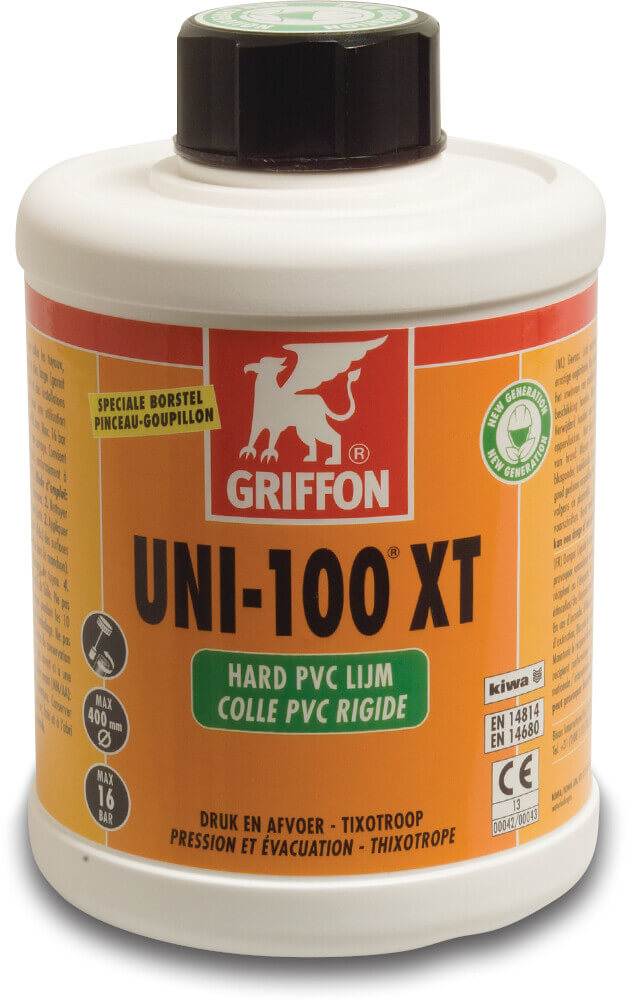 Griffon PVC-lijm transparant 0,25ltr met kwast KIWA type Uni-100 XT THF free label NL/FR