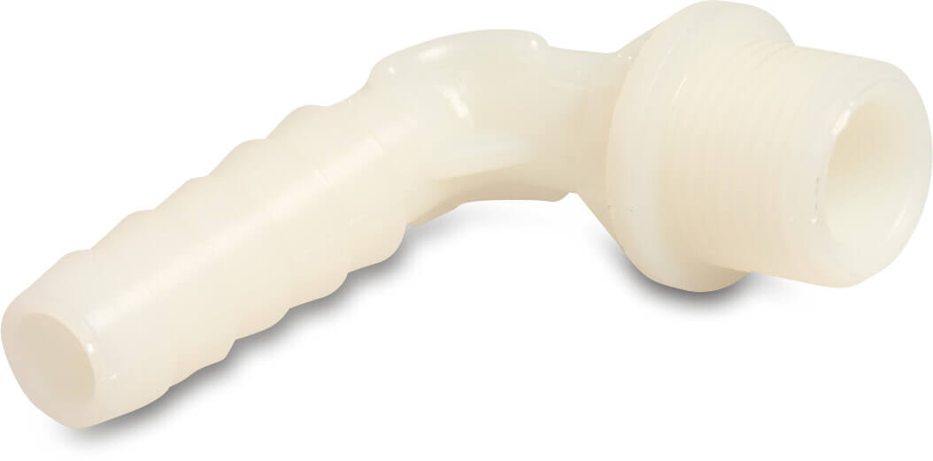 Hose tail elbow 90° PA (nylon) 3/8" x 12 mm male thread x hose tail 16bar white