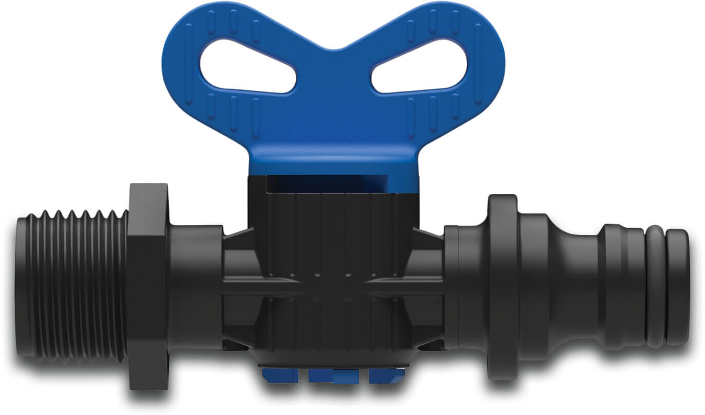 Plug valve PP 16 mm x 1/2" lock x male thread 4bar black/blue type Quick joint