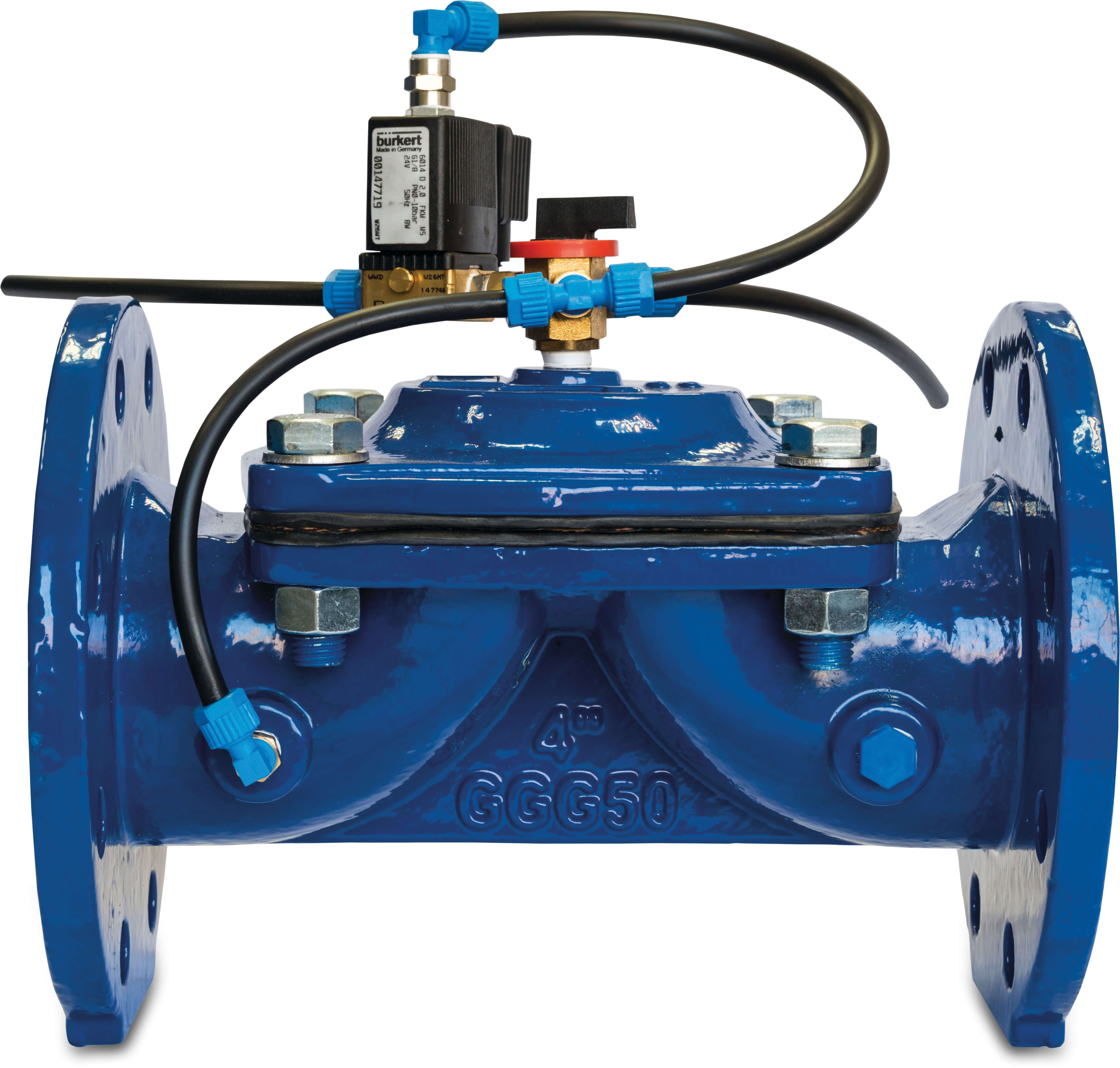 Azud Membrane valve cast iron GG 25 epoxy coating 4" flange 16bar DN100 24VAC blue type HR