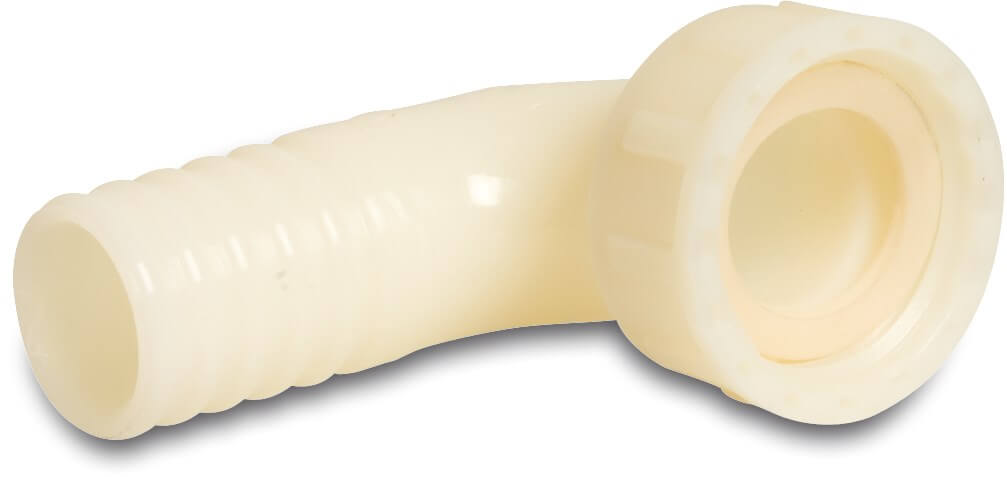 Hose tail elbow 90° PA (nylon) 1/2" x 12 mm female threaded nut x hose tail 16bar white
