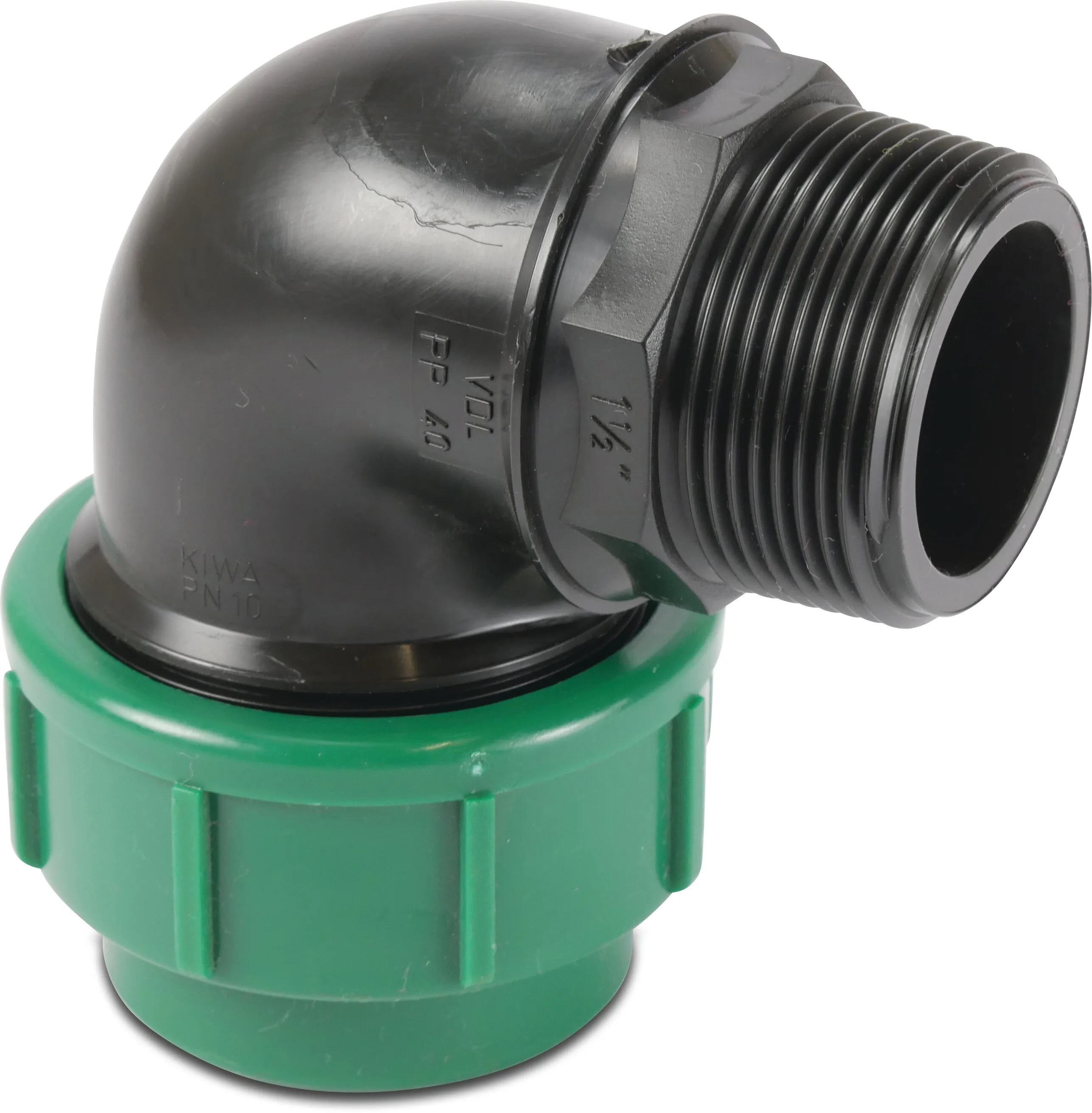 VDL Elbow 90° PP 75 mm x 2 1/2" compression x male thread 16bar black/green