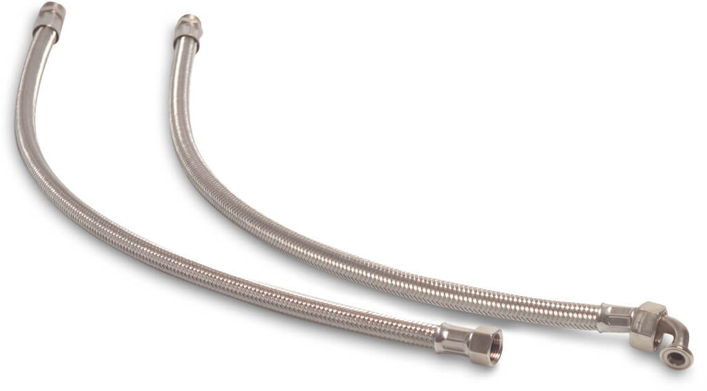 Flätad slang rostfritt stål/EPDM 1/2" utvändig gänga x invändig gänga mutter 15bar 60cm rak KIWA type SK10