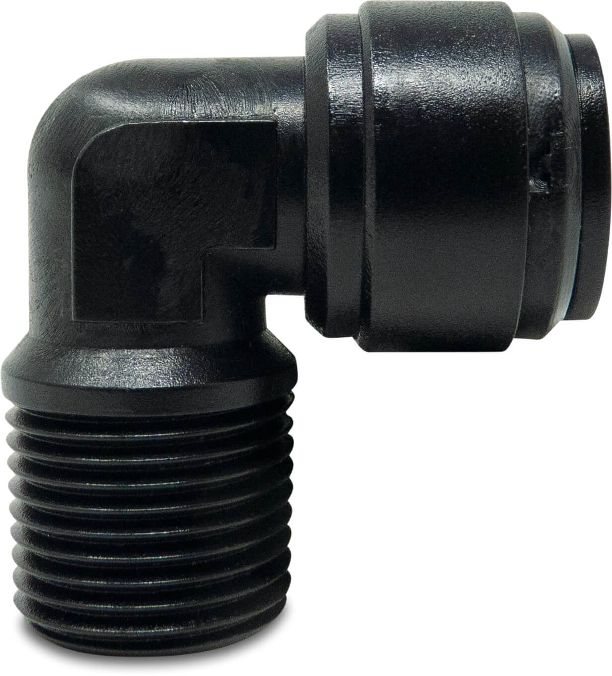Adaptor elbow 90° POM 4 mm x 1/8" push-in x male thread 20bar black WRAS type Aquaspeed