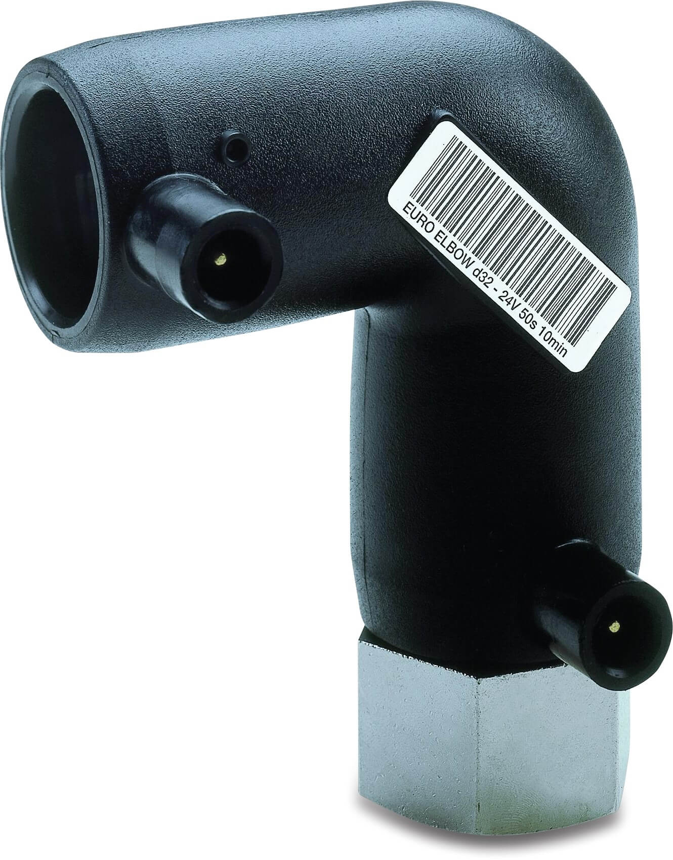 Jason Knie 90° PE100/messing 20 mm x 1/2" electrolassok x buitendraad SDR 7,4 24VAC 16bar 25bar zwart DVGW
