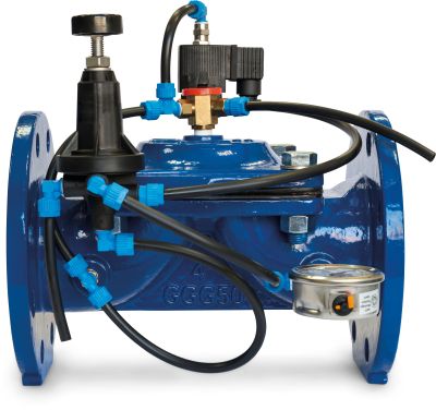 Azud Drukreducerende elektronische afsluiter gietijzer GG 25 16 bar binnendraad blauw type NC