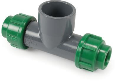 VDL T-Stück 90° PVC-U/PP 10 bar Klemm x Klebemuffe x Klemm Grau/Grün